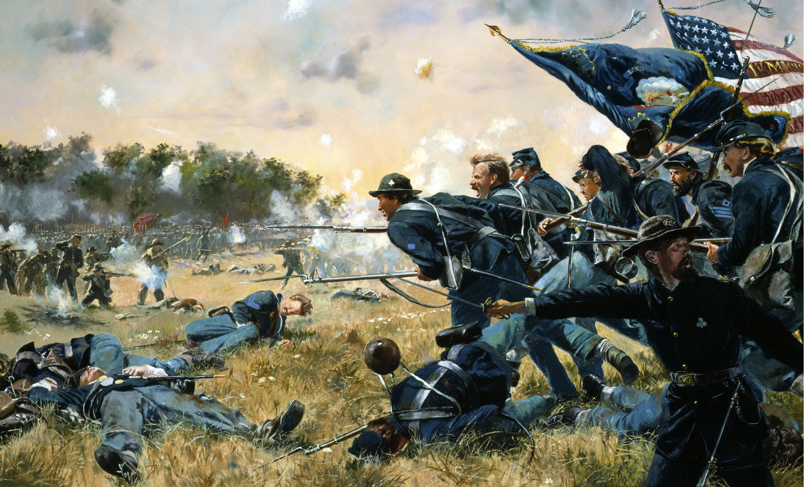 Gettysburg, Pennsylvania, July 2, 1863

Among the many militia regiments that responded to President Lincoln's call for troops in April 1861 was the First Minnesota Infantry.  As the first Union regiment to volunteer for three years of service, the First Minnesota fought at the Battles of Bull Run, Antietam and Fredericksburg.  It was, however, during the Battle of Gettysburg that the First Minnesota played a significant role in American military history.  On the morning of July 2, 1863, the First Minnesota, along with the other units of the II Corps, took its position in the center of the Union line on Cemetery Ridge.  Late in the day, the Union III Corps, under heavy attack by the Confederate I Corps, collapsed creating a dangerous gap in the Union line.  The advancing Confederate brigades were in position to breakthrough and then envelope the Union forces.  At that critical moment, the First Minnesota was ordered to attack.  Advancing at double time, the Minnesotans charged into the leading Confederate brigade with unbounded fury.  Fighting against overwhelming odds, the heroic Minnesotans gained the time necessary for the Union line to reform.  But the cost was great.  Of the 262 members of the regiment present for duty that morning, only 47 answered the roll that evening.  The regiment incurred the highest casualty rate of any unit in the Civil War.  The gallant heritage of the First Minnesota is carried on by the 1st and 2nd Battalions, 135th Infantry, Minnesota Army National Guard.